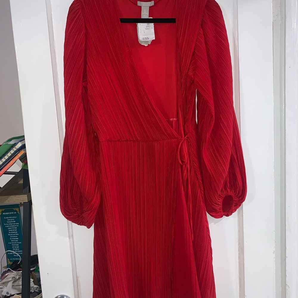 Red, crinkle wrap dress